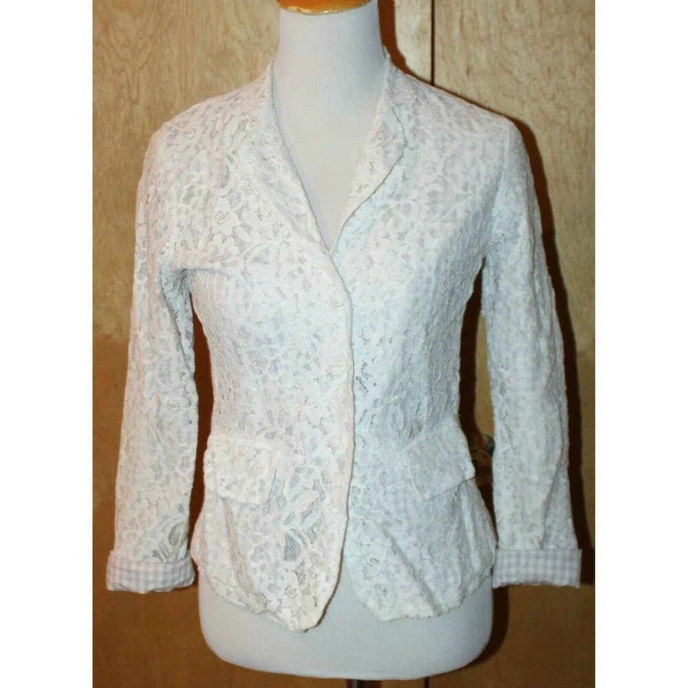ECRU brand ivory lace blazer jacket SMALL lined w beige gingham casual cute